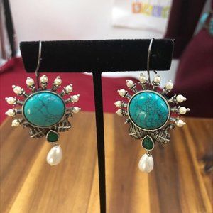 Pearls and Turquoise Stone Earrings, Handmade Massive Earrings, Golden Earrings
